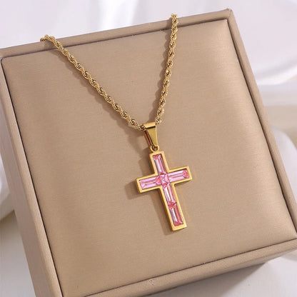 Elegant European and American-inspired diamond cross necklace with unique geometric design and vibrant, fade-resistant finish
