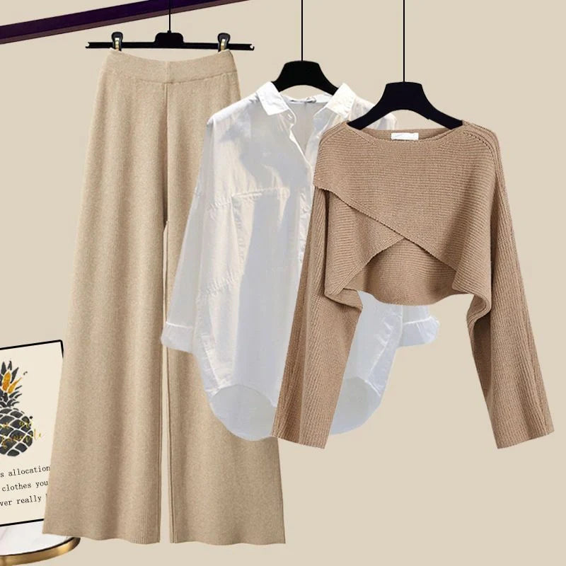 Women's 3-piece knitted sweater suit with shirt and wide-leg pants in grey and white