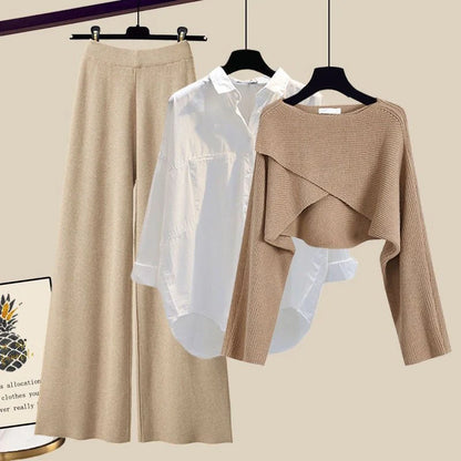 Women's 3-piece knitted sweater suit with shirt and wide-leg pants in grey and white
