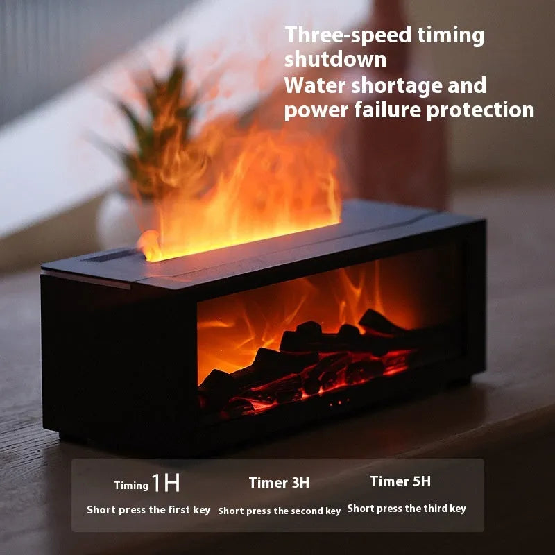 Square black flame essential oil diffuser with glowing 3D fire effect and coloured LED base lights.