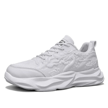 Casual sneakers with Chinese dragon patterns in white jade, golden and dark night designs, rubber soles