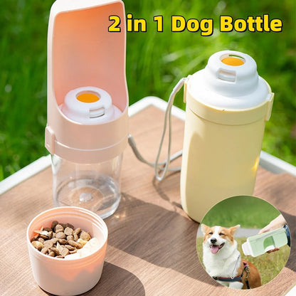 Portable 2-in-1 travel dog water bottle and feeder with lanyard, suitable for outdoor activities with pets