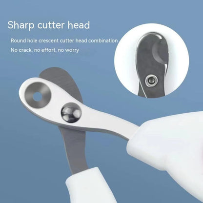 Blue cat nail clippers with a circular safety hole and cushioned non-slip grips on a white background.