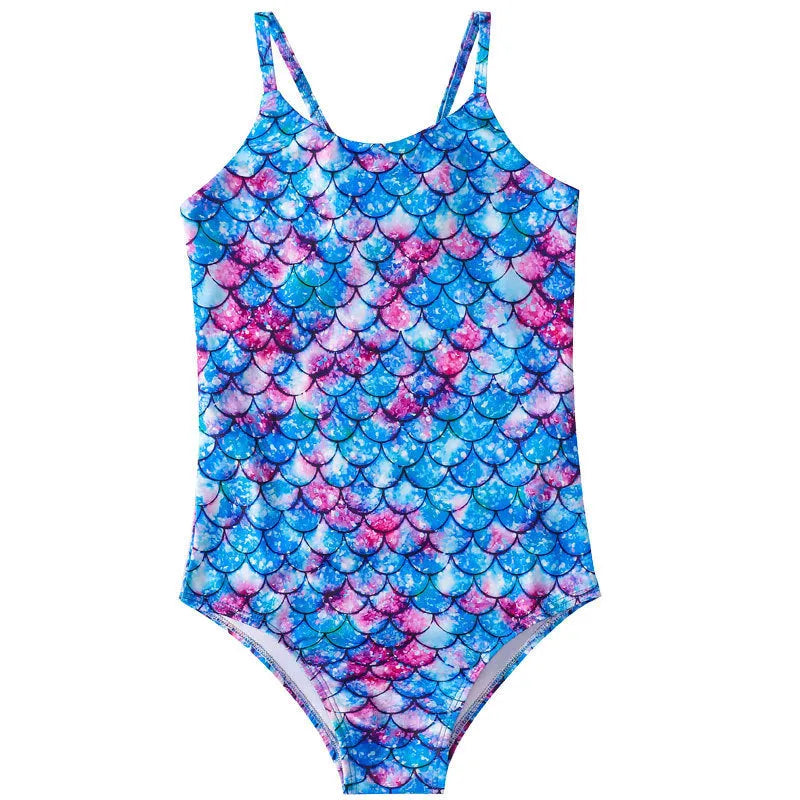 Children's mermaid one-piece swimsuit for girls in polyester with high elasticity, shown in various colours