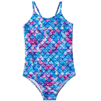 Children's mermaid one-piece swimsuit for girls in polyester with high elasticity, shown in various colours