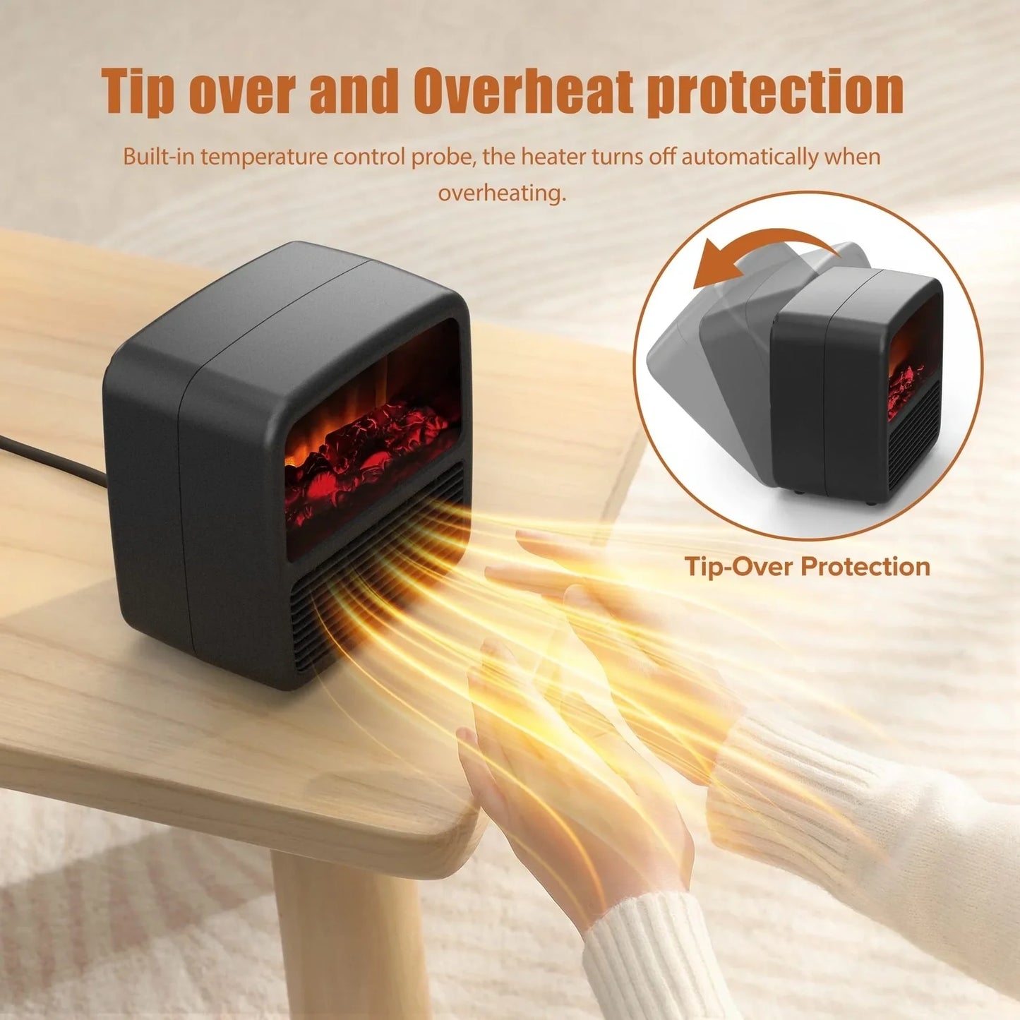 Compact black electric desktop heater with ceramic heating technology and mechanical controls for winter warmth