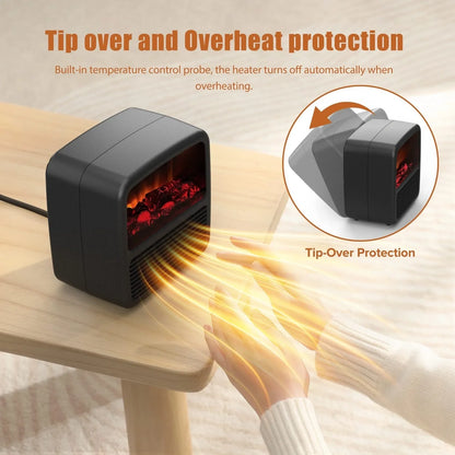 Compact black electric desktop heater with ceramic heating technology and mechanical controls for winter warmth