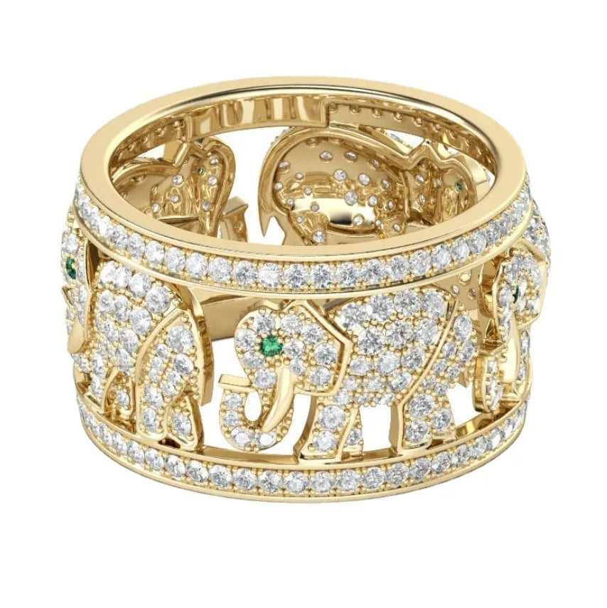 Close-up of a creative diamond set elephant design ring on a finger, showing alloy and electroplated finish.