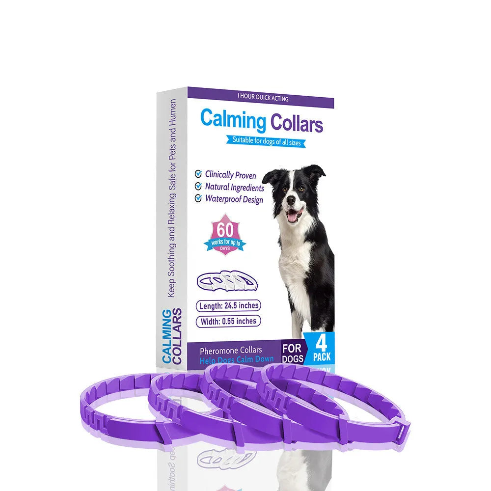 Four adjustable dog anxiety collars with Chinese style patterns in different colours showing 62cm length and TPR material