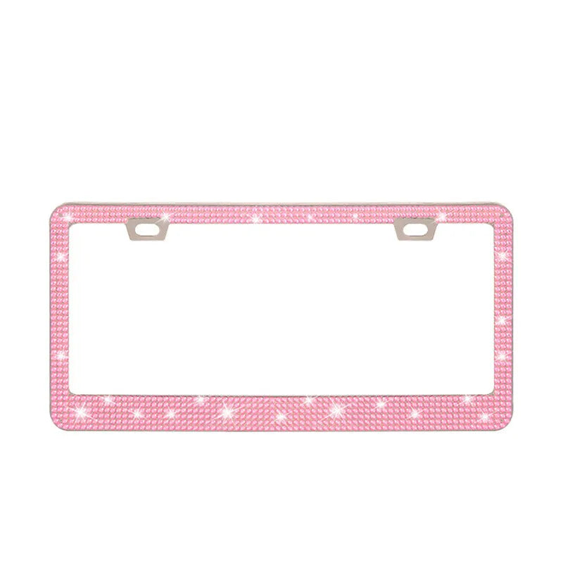 Stainless steel license plate frame with square holes for applying coloured acrylic diamond crystals.