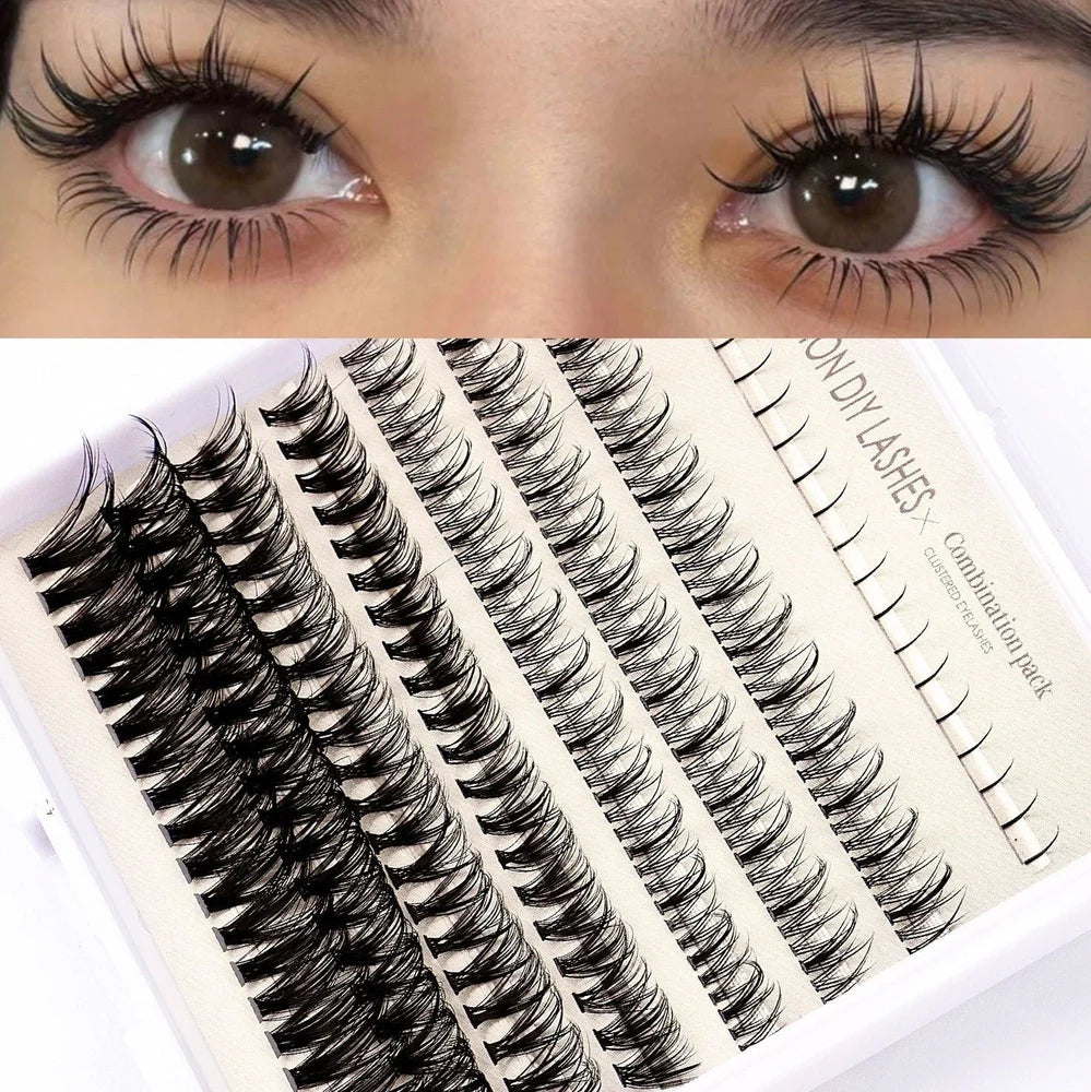 Segmented false eyelash set with single-cluster lashes, two glue bottles, tweezers, and application brush on pink background