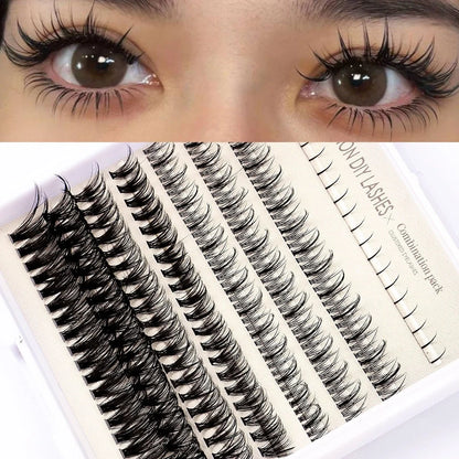 Segmented false eyelash set with single-cluster lashes, two glue bottles, tweezers, and application brush on pink background