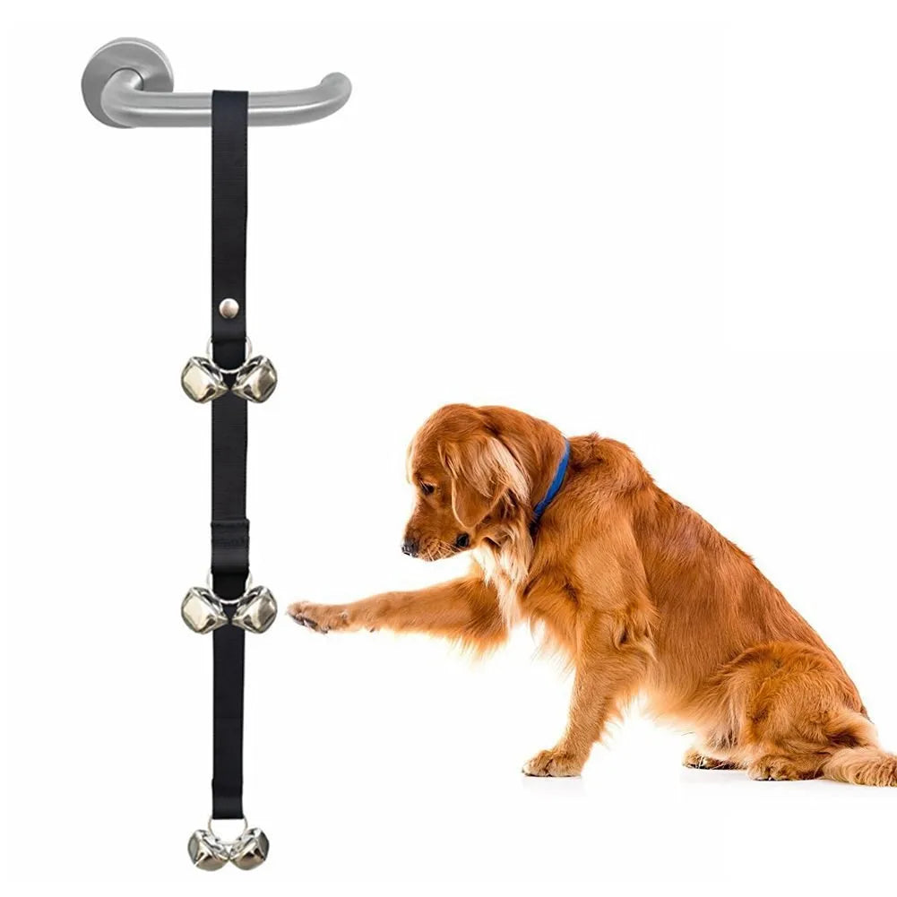 Adjustable-length dog training doorbell with large silver metal bells on a heavy-duty nylon leash