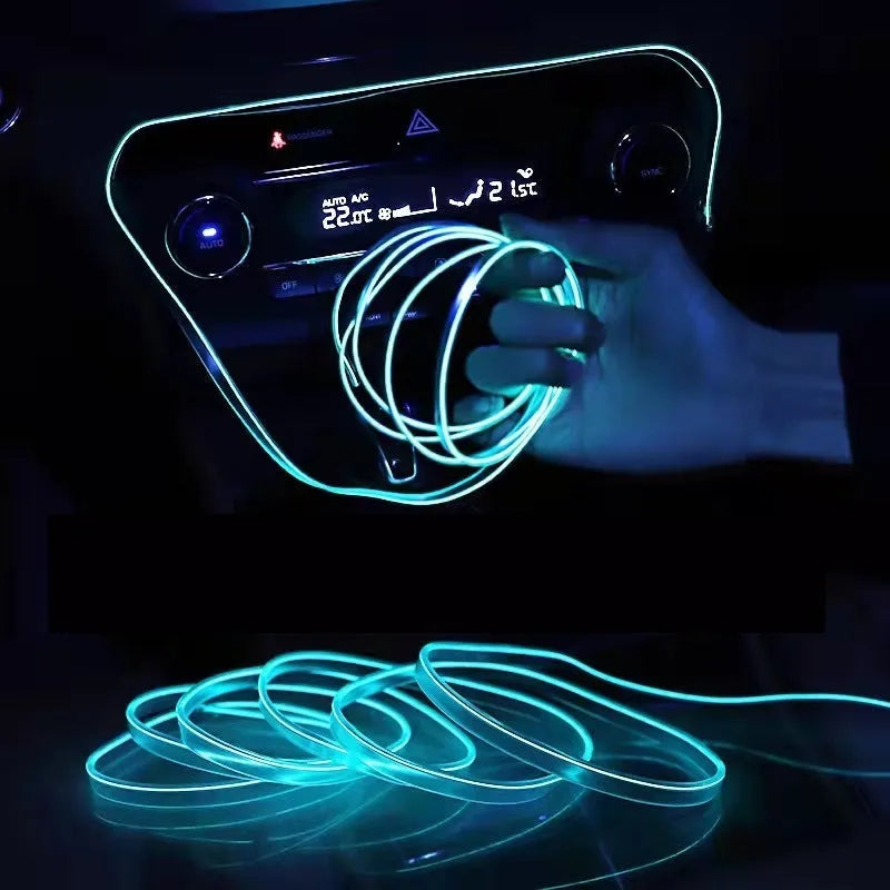 Car ambient light kit showing 6-metre LED light cable and USB driver for interior vehicle lighting.