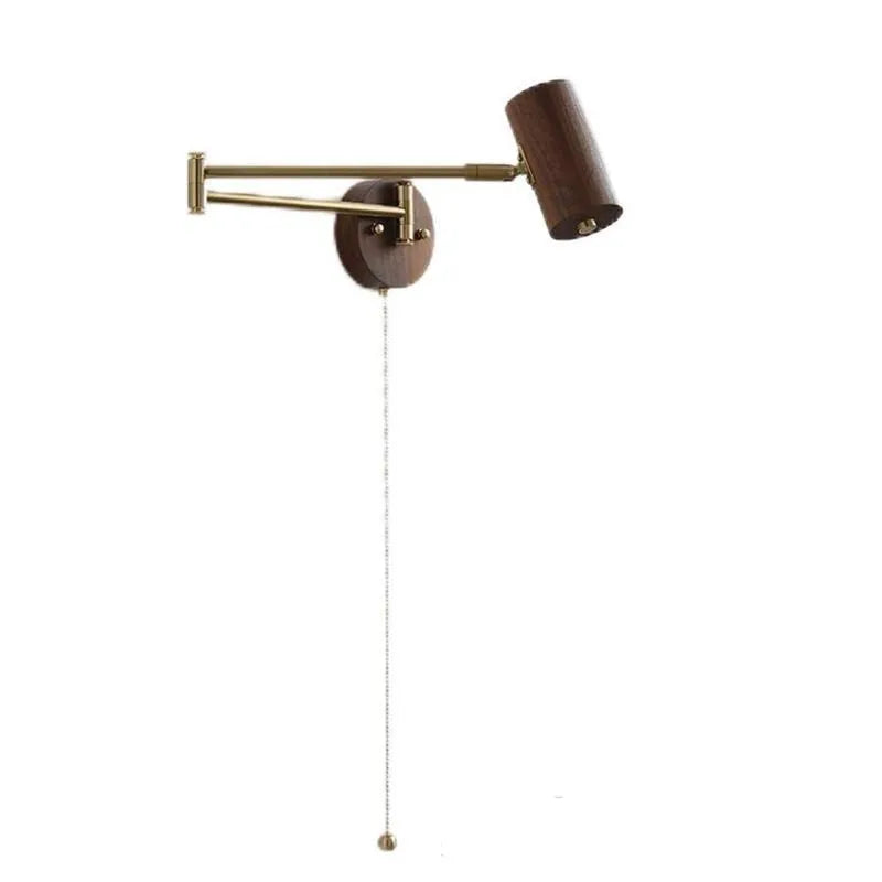 Retro wooden wall lamp with long rotating arm and integrated switch for adjustable spotlighting