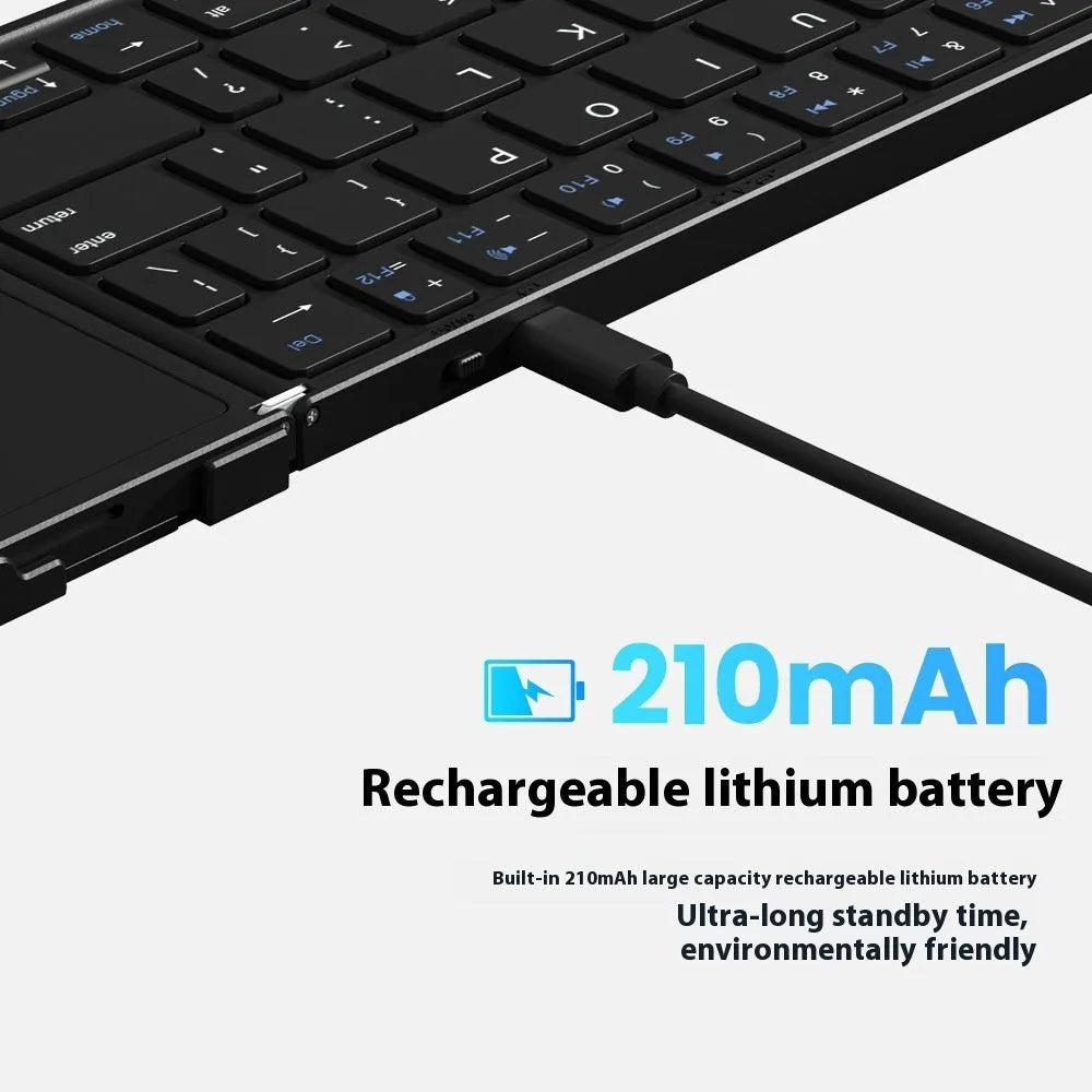 Black portable folding Bluetooth keyboard for tablets and mobile phones, shown folded.