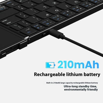 Black portable folding Bluetooth keyboard for tablets and mobile phones, shown folded.