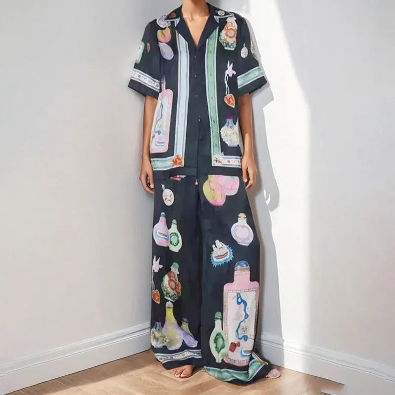 Black women's cardigan and trousers set with cartoon animation print, sizes S to 3XL