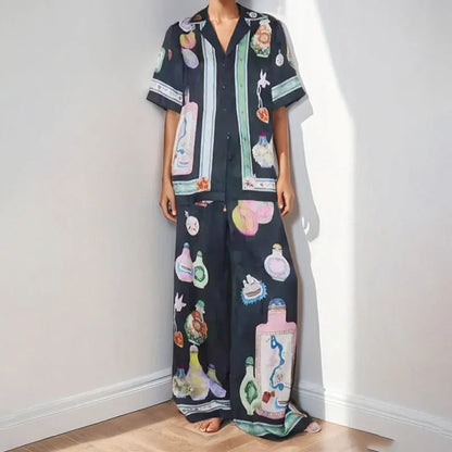 Black women's cardigan and trousers set with cartoon animation print, sizes S to 3XL