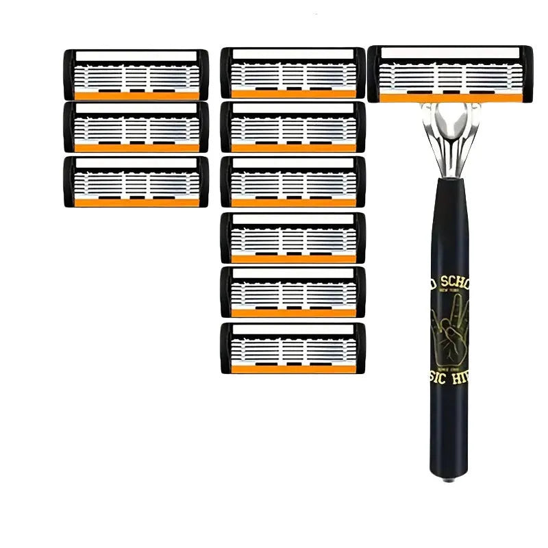Black manual shaver finger handle with six-layer blade design showing multiple blade configurations