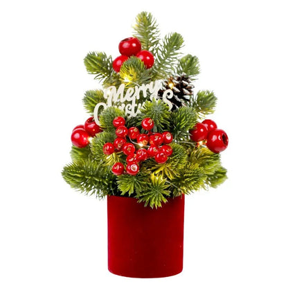 32cm tall desktop Christmas tree with LED-lit pine cone ornaments in red, champagne, or dark brown.