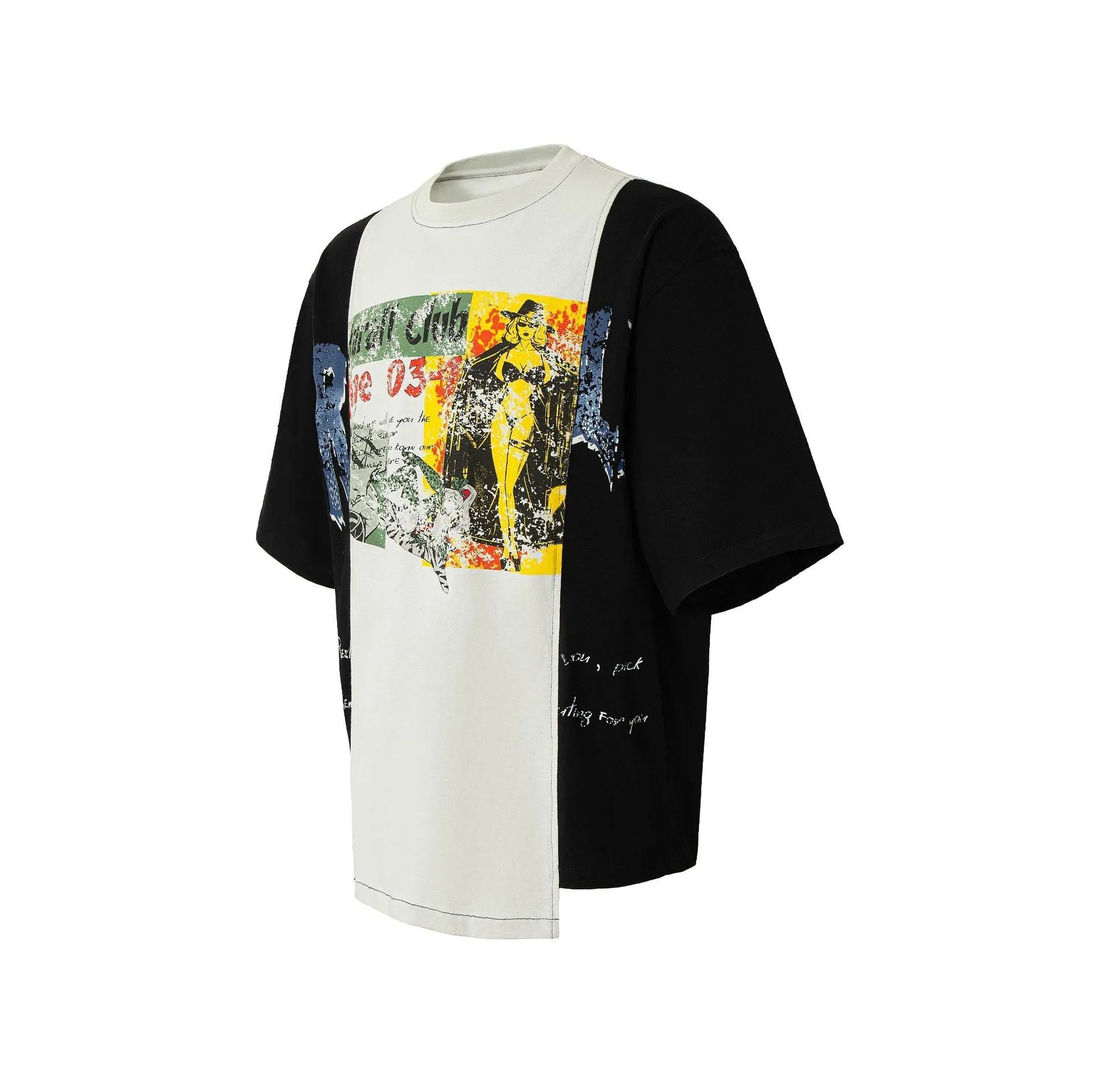 Black and white deconstruction print on a loose fit cotton blend t-shirt for streetwear.