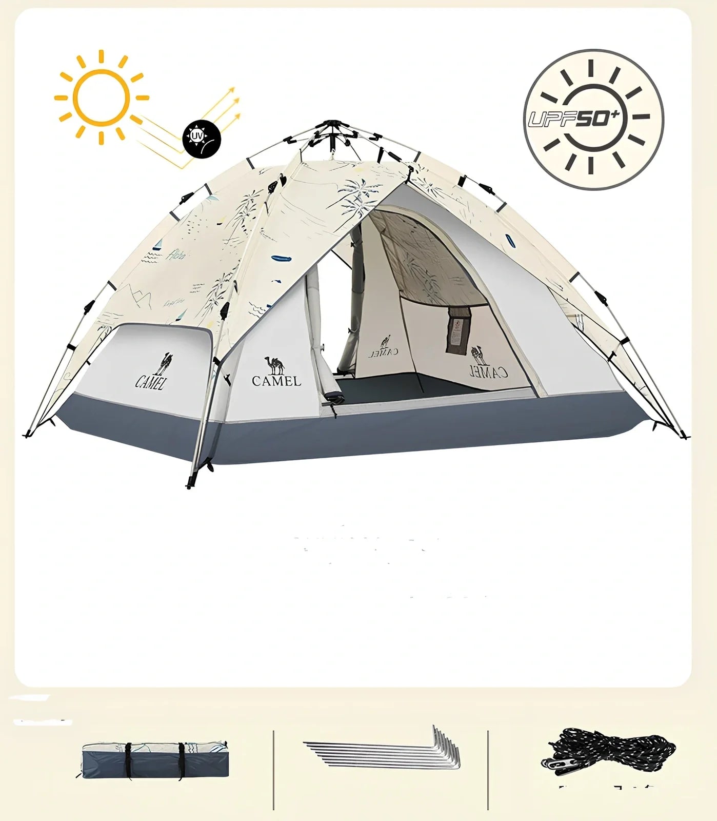 Blue automatic folding picnic tent unfolded at 220x190x120cm for 3-4 people with waterproof Oxford fabric and glass fibre poles