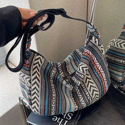 Women's ethnic style canvas crossbody dumpling bag in multiple colours with decorative sewing thread details