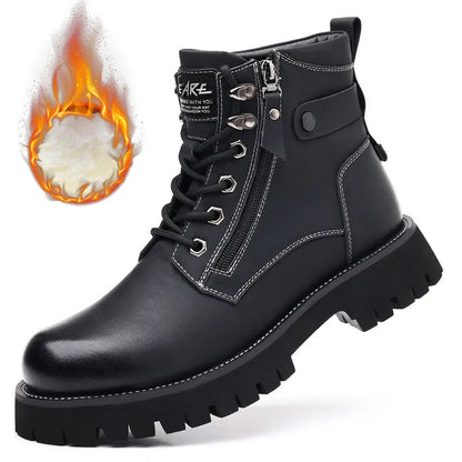 Men's brown high-top leather boots with side zipper, 3-5cm heel, and non-slip sole for winter wear