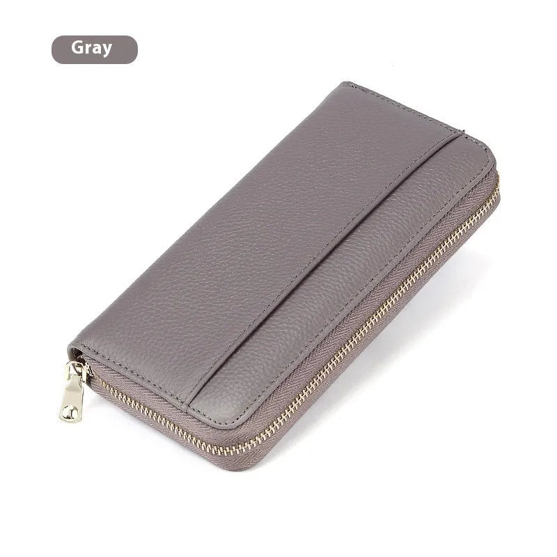 Long genuine leather women's wallet in black with anti-theft card protection and large storage capacity