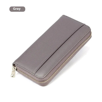 Long genuine leather women's wallet in black with anti-theft card protection and large storage capacity