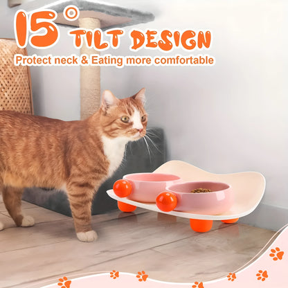 Ceramic raised pet bowl set with two bowls on non-slip base for cats and small dogs