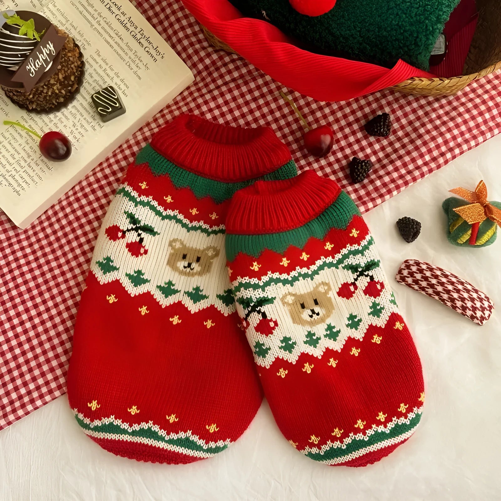 Red Christmas pet sweater with cherry print design for dogs and cats in polyester fabric