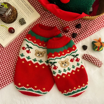 Red Christmas pet sweater with cherry print design for dogs and cats in polyester fabric