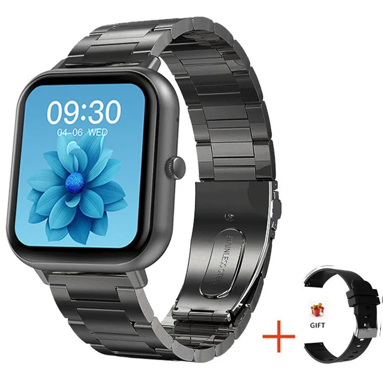 ZL54C smart watch in black with AMOLED screen displaying heart rate and blood pressure metrics