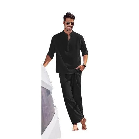Men's casual cotton suit in a solid colour, featuring a long sleeve top and full-length trousers.