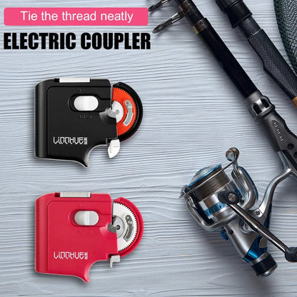 Red and black electric fishing hook tying device measuring 84x70x16mm with AAA battery compartment