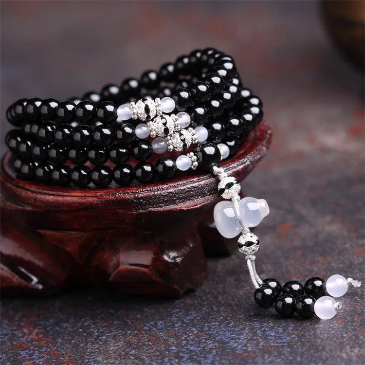 Natural red and black agate 108 beads bracelet with geometric number design
