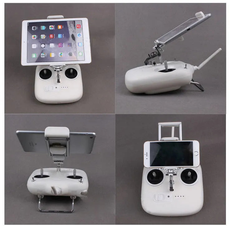 Silver metal car mount phone holder with tablet capability and remote control lanyard for UAV accessories