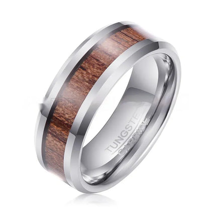 Men's tungsten ring with wood and leather inlay on a U-shaped 8mm wide band.
