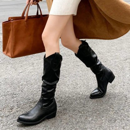 Pair of chunky heel suede high-top riding boots with 3-5cm block heel, round toe, microfiber upper, in cloth khaki or leather black or brown.