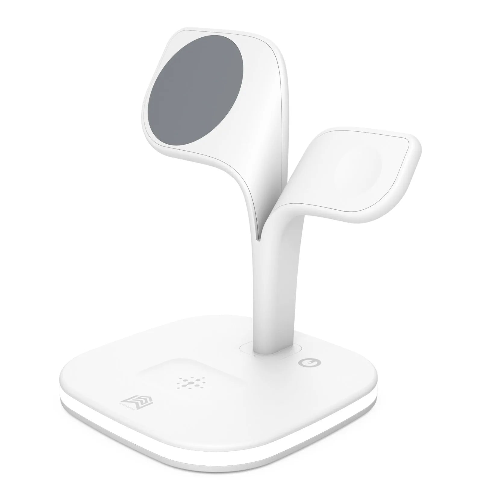 Black 3-in-1 wireless charging stand with phone, smartwatch, and headphones placed on its charging pads
