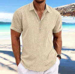 Men's light grey cotton blend cardigan with lapels and long sleeves on a hanger.