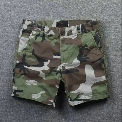 Men's pure cotton loose-fitting straight-leg shorts in a camouflage green colour.