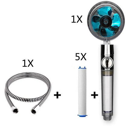 A high-pressure handheld shower head with a turbo-charged water flow and a cotton filter for a luxurious, spa-like bathing experience.