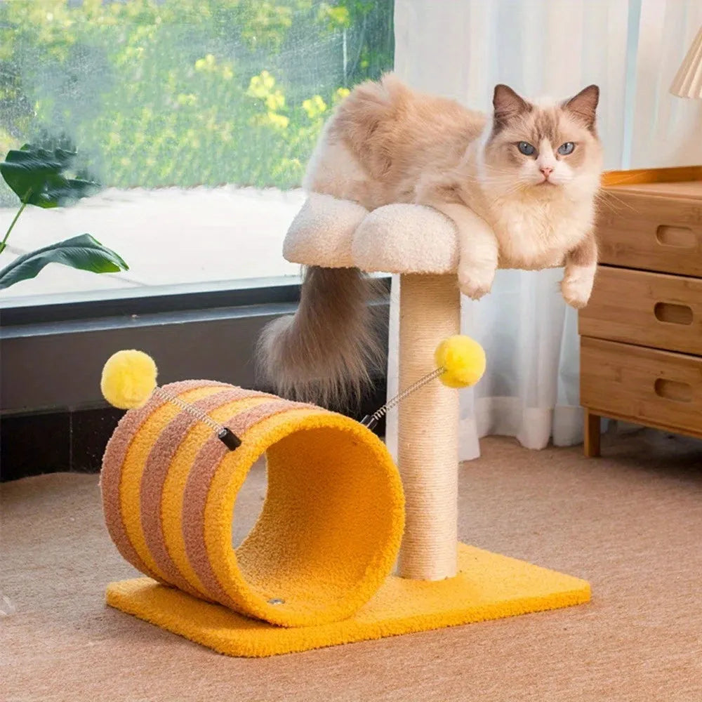 Yellow cat scratching post with sisal scratching board, climbing frame and integrated tunnel