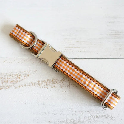Small brown plaid dog collar in polyester, British style check pattern, available in sizes XS to XL