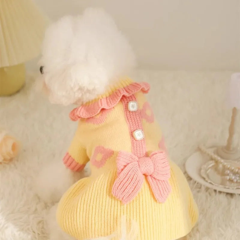 Yellow acrylic knit dog sweater on a small dog, showing casual style and fit.