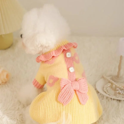 Yellow acrylic knit dog sweater on a small dog, showing casual style and fit.
