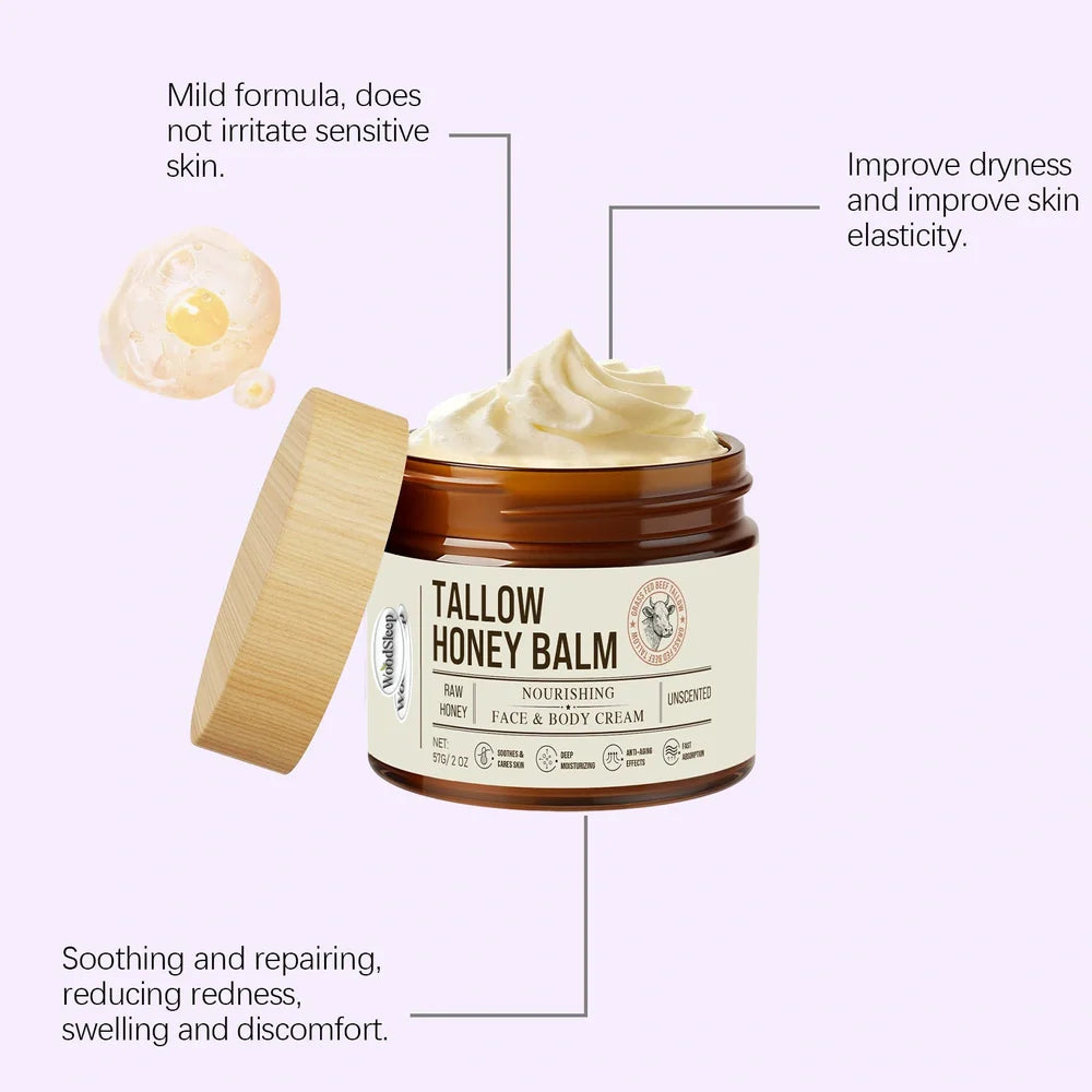 57g tallow honey skin repair moisturising cream in container showing natural formula texture